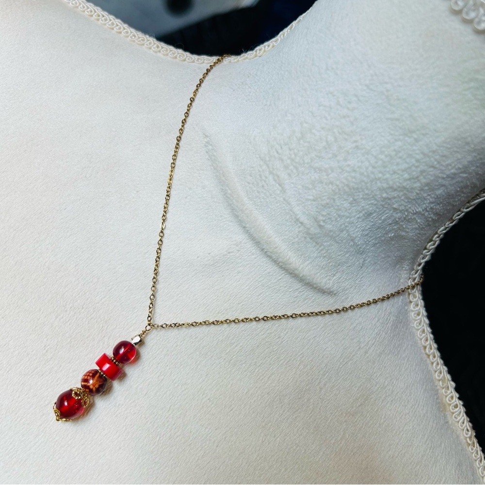 Handcrafted vintage bead red coral wood glass drop pendant on chain necklace
